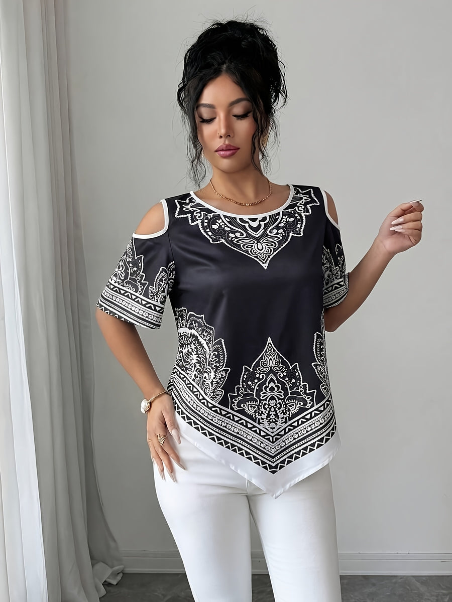 Women's Elegant Asymmetrical Hem Blouse Top - Short Sleeve Round Neck Church Shirt with Asymmetrical Hemline, Black & White Print Suitable for Commuting, Church Events, Casual Outfits, Spring Summer Fall Wardrobe Essential - Black