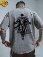 Authorized by Warner Bros., Superman Sketch Line Back Print, American Retro Washed Distressed T-Shirt, Unisex, Machine Washable, Suitable for Daily Commute And Outdoor Wear - Grey