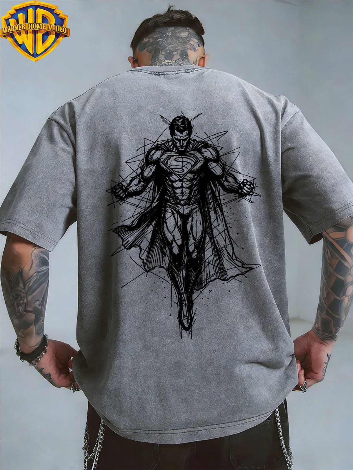 Authorized by Warner Bros., Superman Sketch Line Back Print, American Retro Washed Distressed T-Shirt, Unisex, Machine Washable, Suitable for Daily Commute And Outdoor Wear - Grey