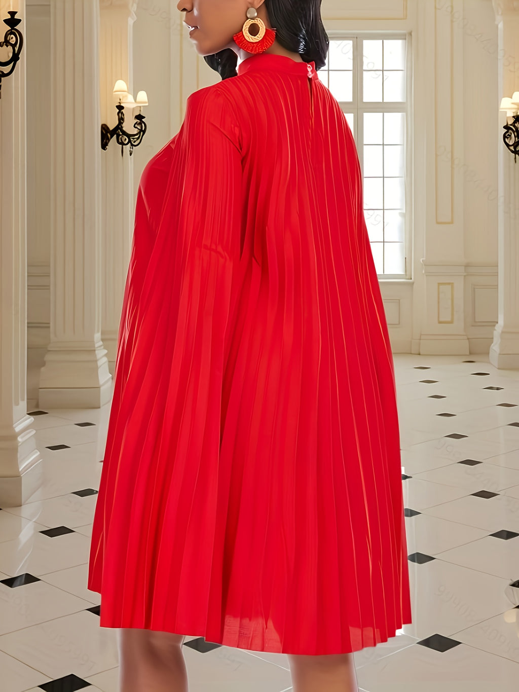 Elegant Ladies' Fashion Pleated Party Dress with Cape Sleeves Party Going-out - Red