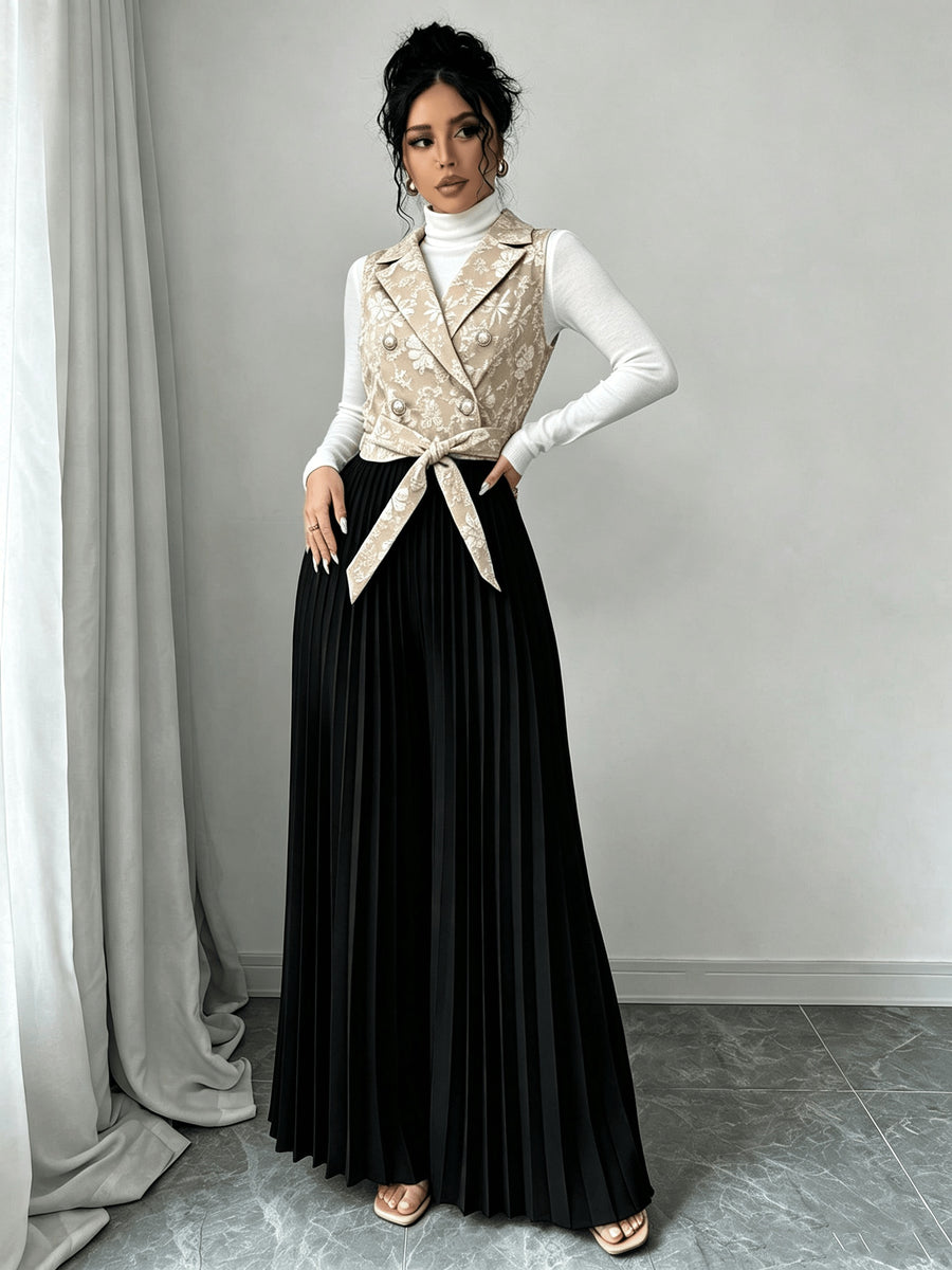 Women's Elegant and Stylish Commuter Brocade Sleeveless Double-Breasted Notched Lapel Waist-Cinching Pleated Pants Jumpsuit for Autumn/Winter - Khaki