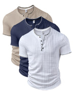 3pcs Set Men'S Fashion Men'S Top Spring Summer Outdoor Casual Fashion Jacquard Texture Fabric Contrast Round Neck Single-Button Short Sleeve Men'S Henley Shirt - Polychrome