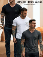 3pcs Men's V-Neck Pure Cotton Short Sleeve T-Shirts 3pcs Hundred Percent Cotton Soft And Breathable Casual T-Shirt Outdoor Sports Home Essential Machine Washable and Hand Washable - Mixed Colors