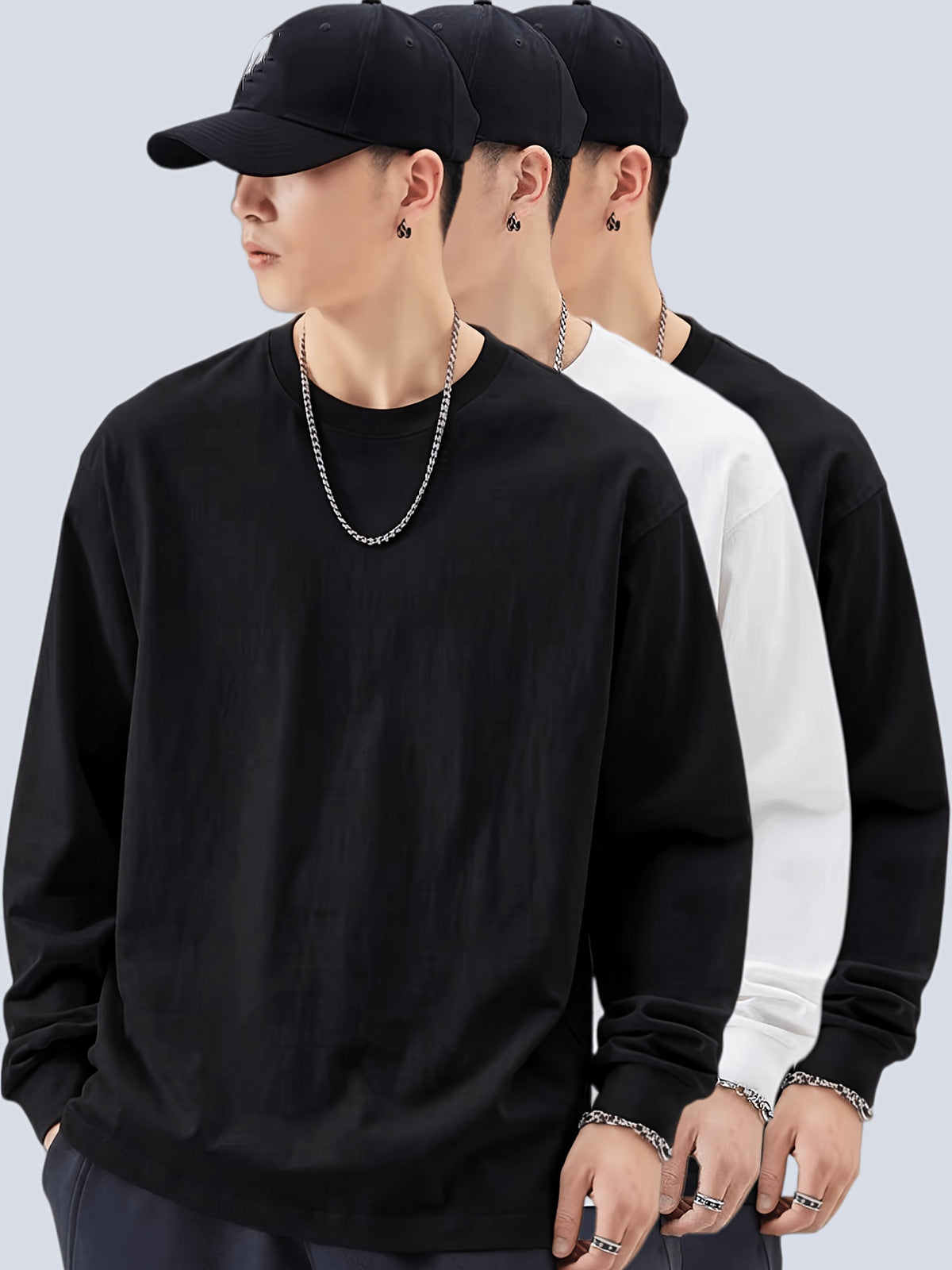 3-pc Men'S Crew Neck Long Sleeve T-Shirts for Spring And Autumn, Pullover Base Layer Shirts for Casual Daily Wear, Sports, And Jogging - White+Black+Black