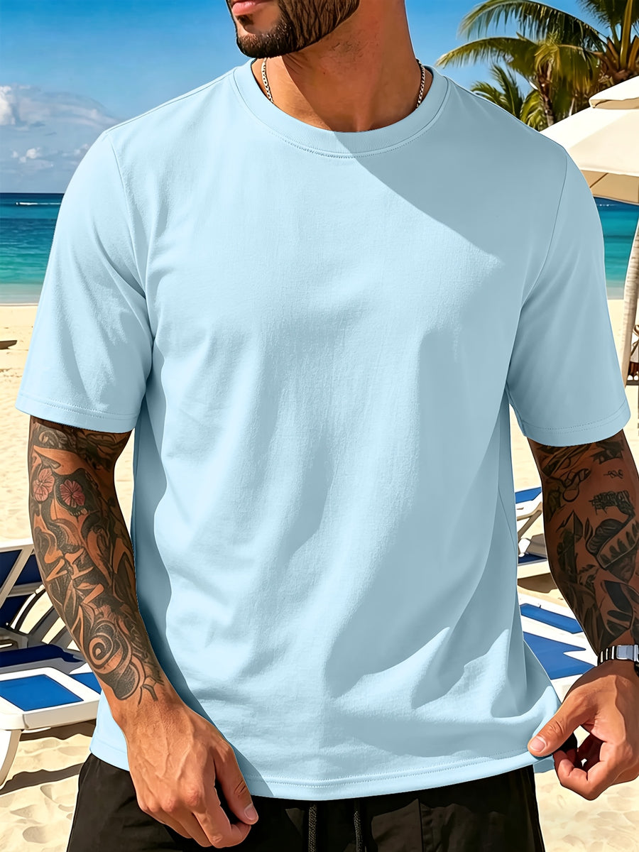 Men's New Pure Cotton Short Sleeve Round Neck T-Shirt, Comfortable, Soft, and Breathable, Perfect for Vacation, Leisure, and Daily Wear, a Summer Essential - Light Blue Color