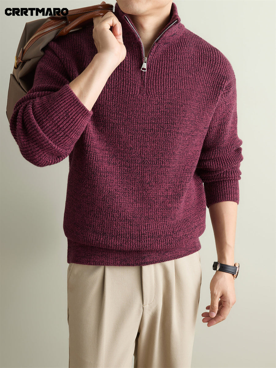 Men'S Heavyweight Thick Zip Neck Stand Collar Mock Neck Pullover Sweater, Warm Casual Layering Top for Fall And Winter - Red-Black