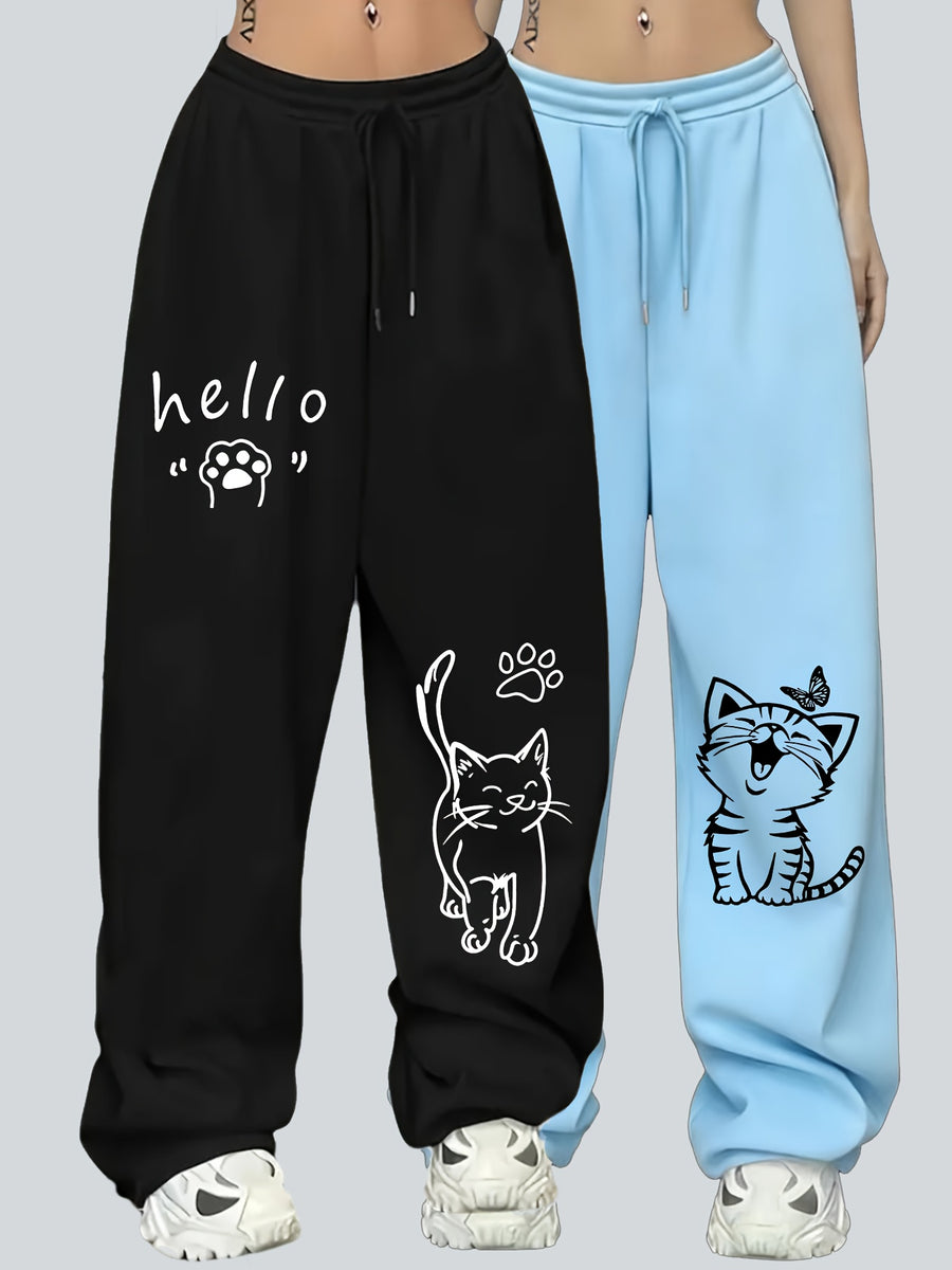 2pcs Plus Size Women'S Casual Wide-Leg Athletic Pocket Sweatpants, Solid Color Drawstring Pattern Printed Sweatpants - Black+Light Blue