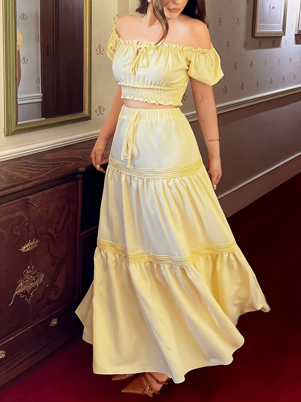 New Women's Fashionable Simple and Elegant Casual Daily Outfit, Suitable for Outings, Solid Color Off-the-Shoulder Short Sleeve Top with Bow Tie Lacing and Flared Hem Skirt 2pcs Set - Yellow