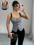 Elegant Commuter Houndstooth Print Suspender Vest, Women'S Summer Fashion Versatile Single-Breasted Slim Vest, Women'S Clothing - Black And White