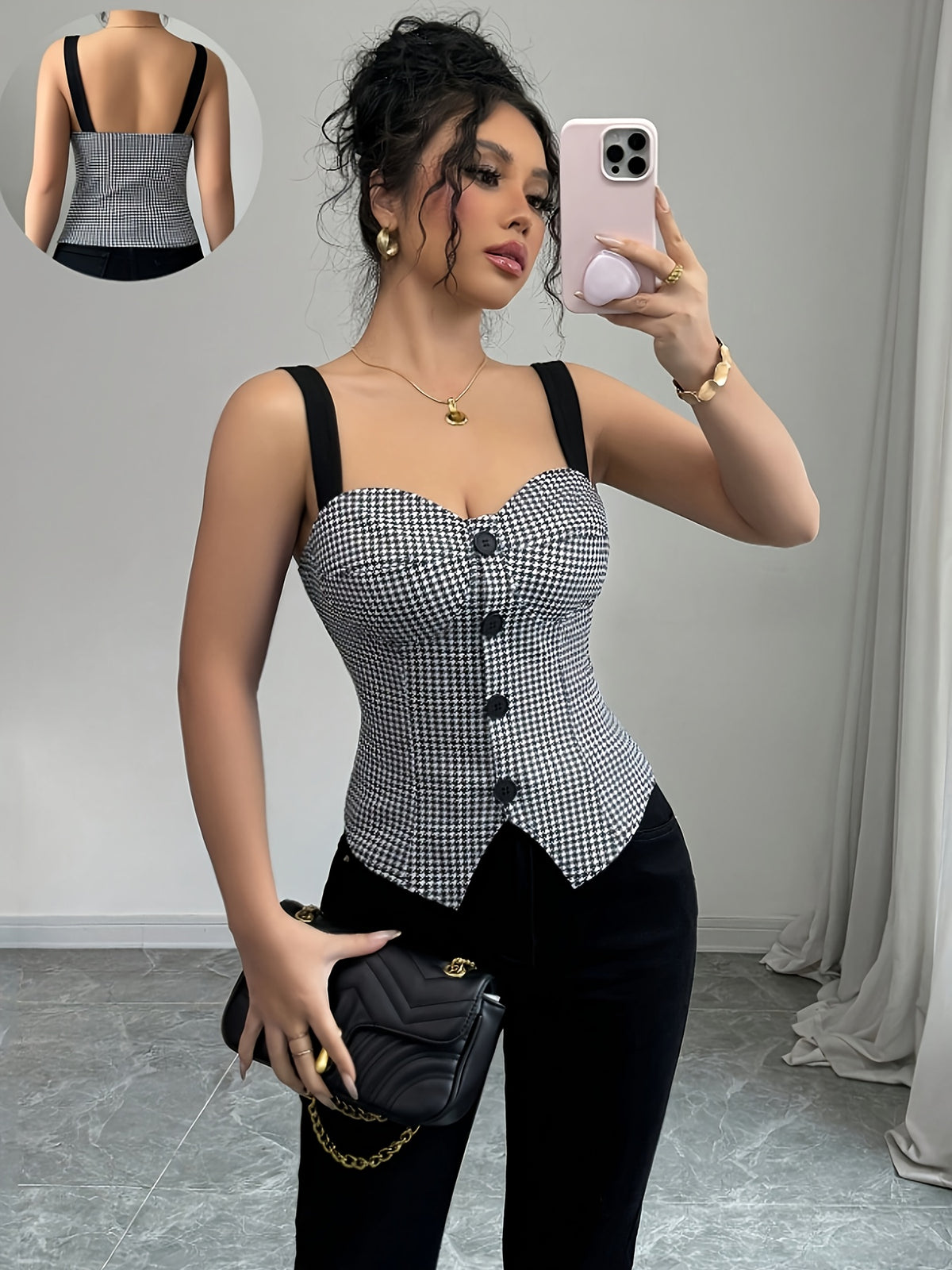 Elegant Commuter Houndstooth Print Suspender Vest, Women'S Summer Fashion Versatile Single-Breasted Slim Vest, Women'S Clothing - Black And White