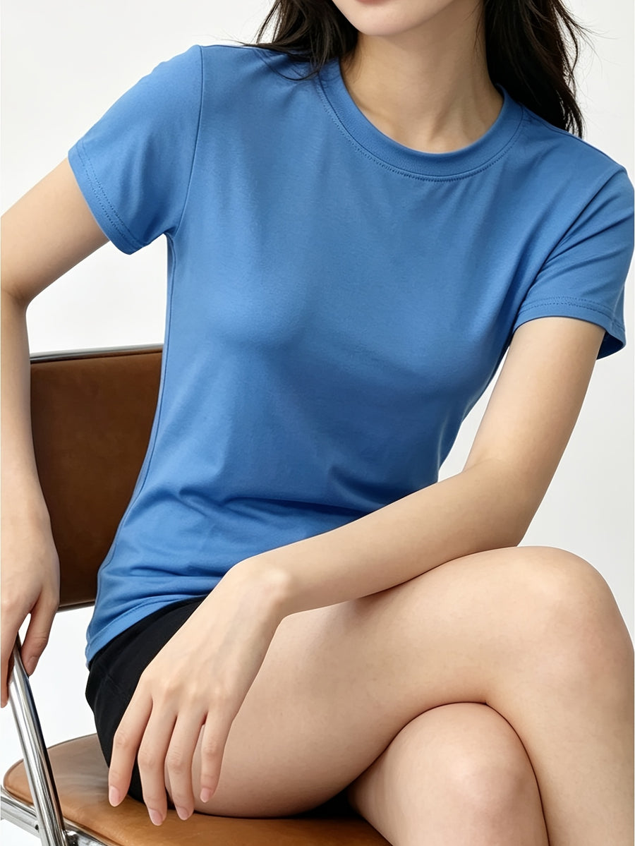 Women'S Casual Short Sleeve T-Shirt, Ladies Round Neck Slim Fit Inner Wear Bust-Enhancing Stretch Tight Solid Base Layer - Blue