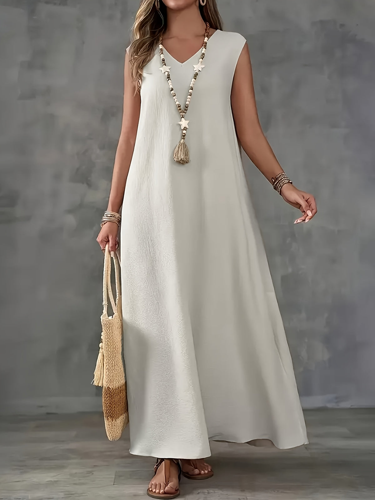 Women's Elegant V-Neck Sleeveless Maxi Dress - A-Line Lightweight Polyester Solid Color Machine Washable Spring Summer Casual & Formal Wear, Casual Summer Dresses, Sophisticated Style, Flowy Fabric, Daytime Wear, Breathable Material, Adult Clothing - Khaki