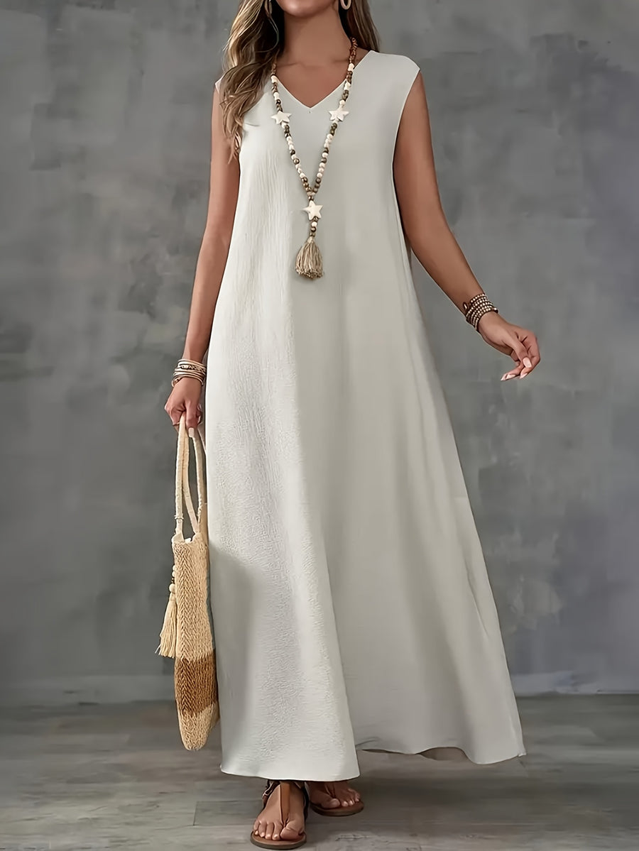 Women's Elegant V-Neck Sleeveless Maxi Dress - A-Line Lightweight Polyester Solid Color Machine Washable Spring Summer Casual & Formal Wear, Casual Summer Dresses, Sophisticated Style, Flowy Fabric, Daytime Wear, Breathable Material, Adult Clothing - Khaki
