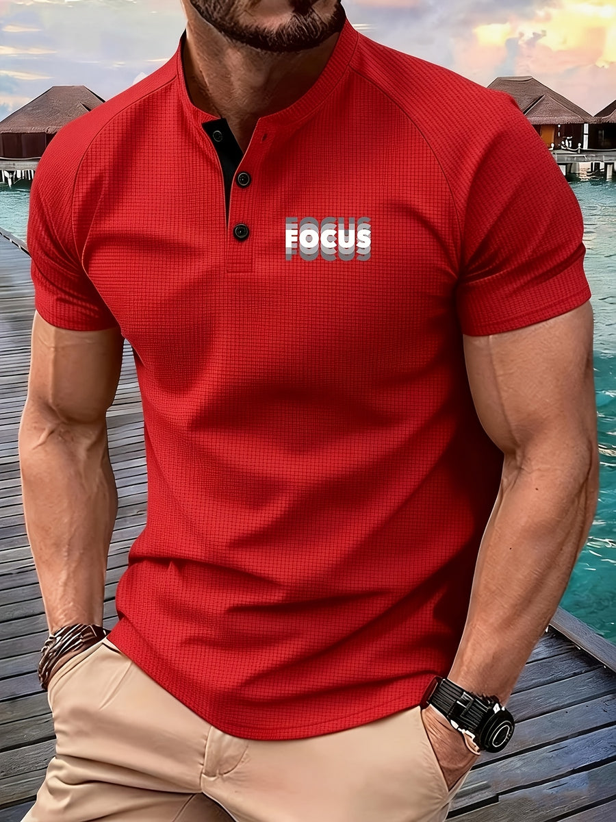 Men's Summer Collarless Casual Henley Shirt. Comfortable, Soft, and Breathable Fitness Business Fashion Polo Shirt - Red