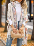 Elegant Special Edition 'Net Body Bust' Vacation Style 1pc Women's Diamond Jacquard Hooded Cape Cardigan, Vintage Ethnic Style Solid Color Tassel Fashionable Elegant European and American Style Warm Sweater Coat, Suitable for Spring, Autumn - White
