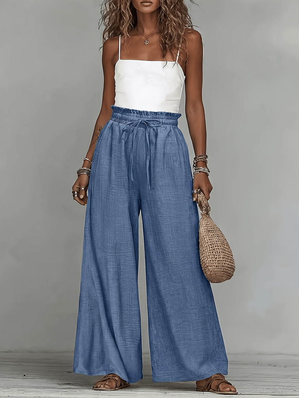 Boho Vacation Holiday French Wide Leg Pants,High Waist Drawstring Elastic Loose Fit Casual Trousers Beach Commute Slim Fit - Peacock Blue