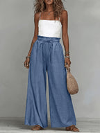 Boho Vacation Holiday French Wide Leg Pants,High Waist Drawstring Elastic Loose Fit Casual Trousers Beach Commute Slim Fit - Peacock Blue