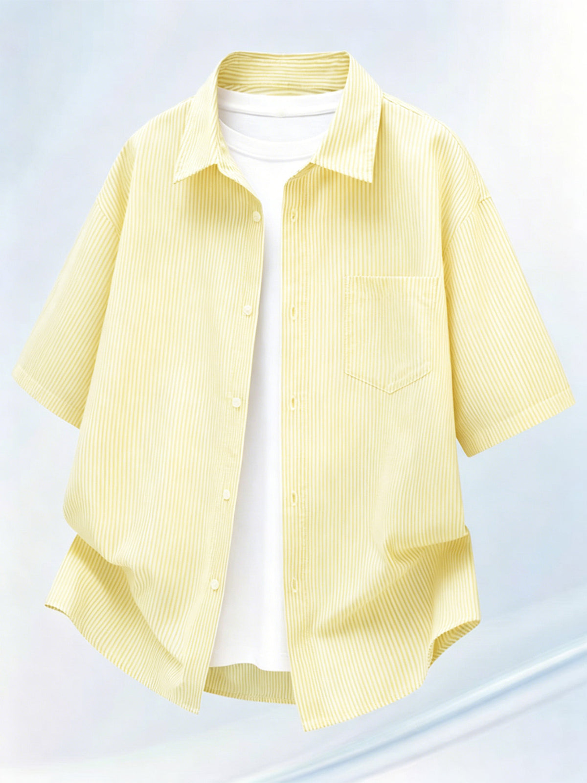 Summer Thin Fashion New Easy Fun Cartoon Back Print Lapel Short Sleeve Striped Loose Casual Shirt - Yellow