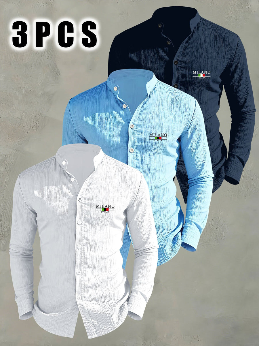 3pcs Men'S Lightweight Breathable Long Sleeve Shirts, Trendy "MILANO" Letter Flag Pattern Print - Fashionable Versatile Stand-Up Collar Comfortable Open Cardigan, Suitable for All Seasons, Beach, Outdoor, Travel Vacation, Party Daily Casual Wear - White+Sky Blue+Dark Blue