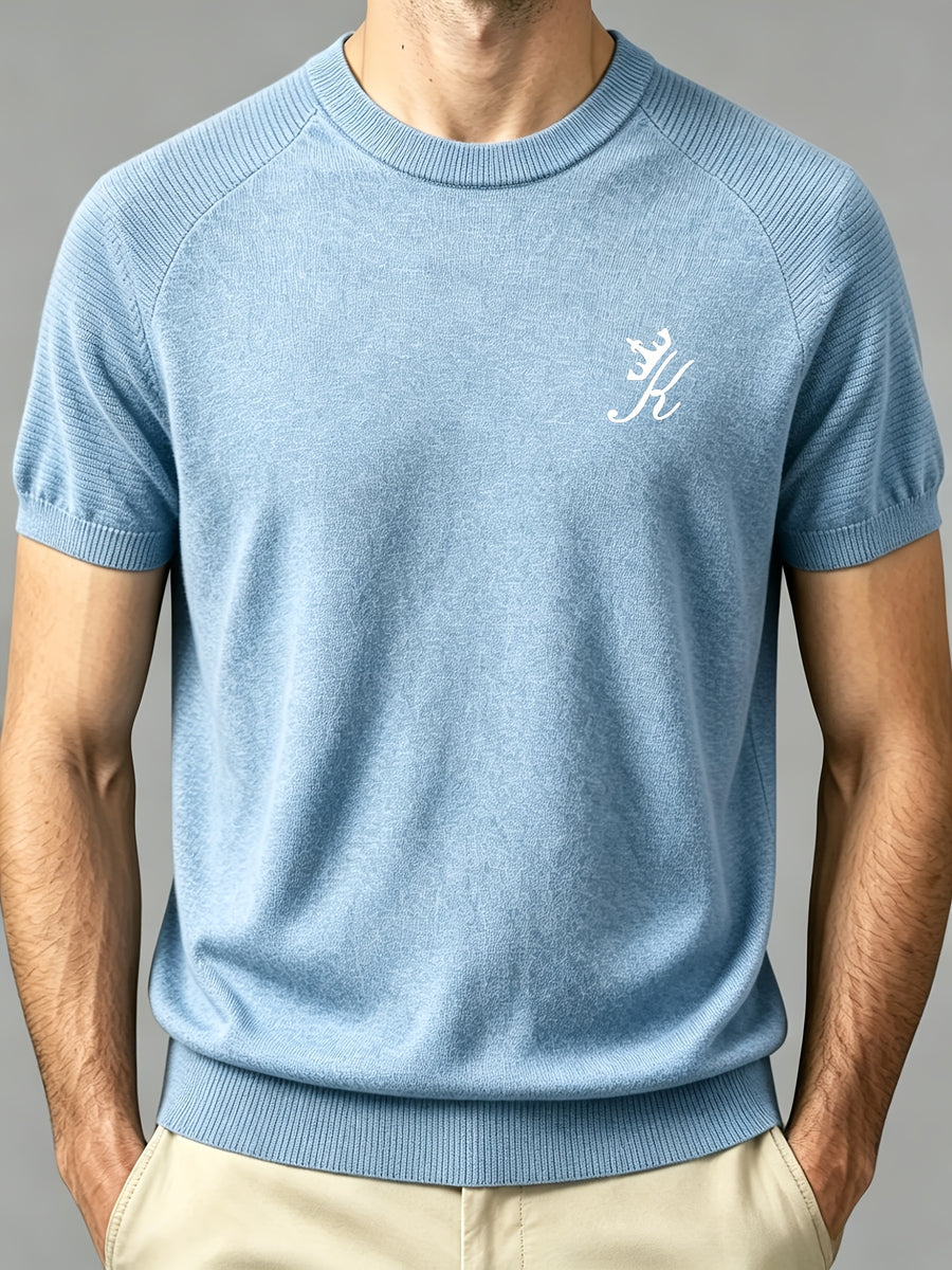 Men's Round Neck Raglan Sleeve Short Sleeve T-Shirt, Summer Breathable Solid Color Casual Versatile Business Short Sleeve Base Layer - Sky Blue