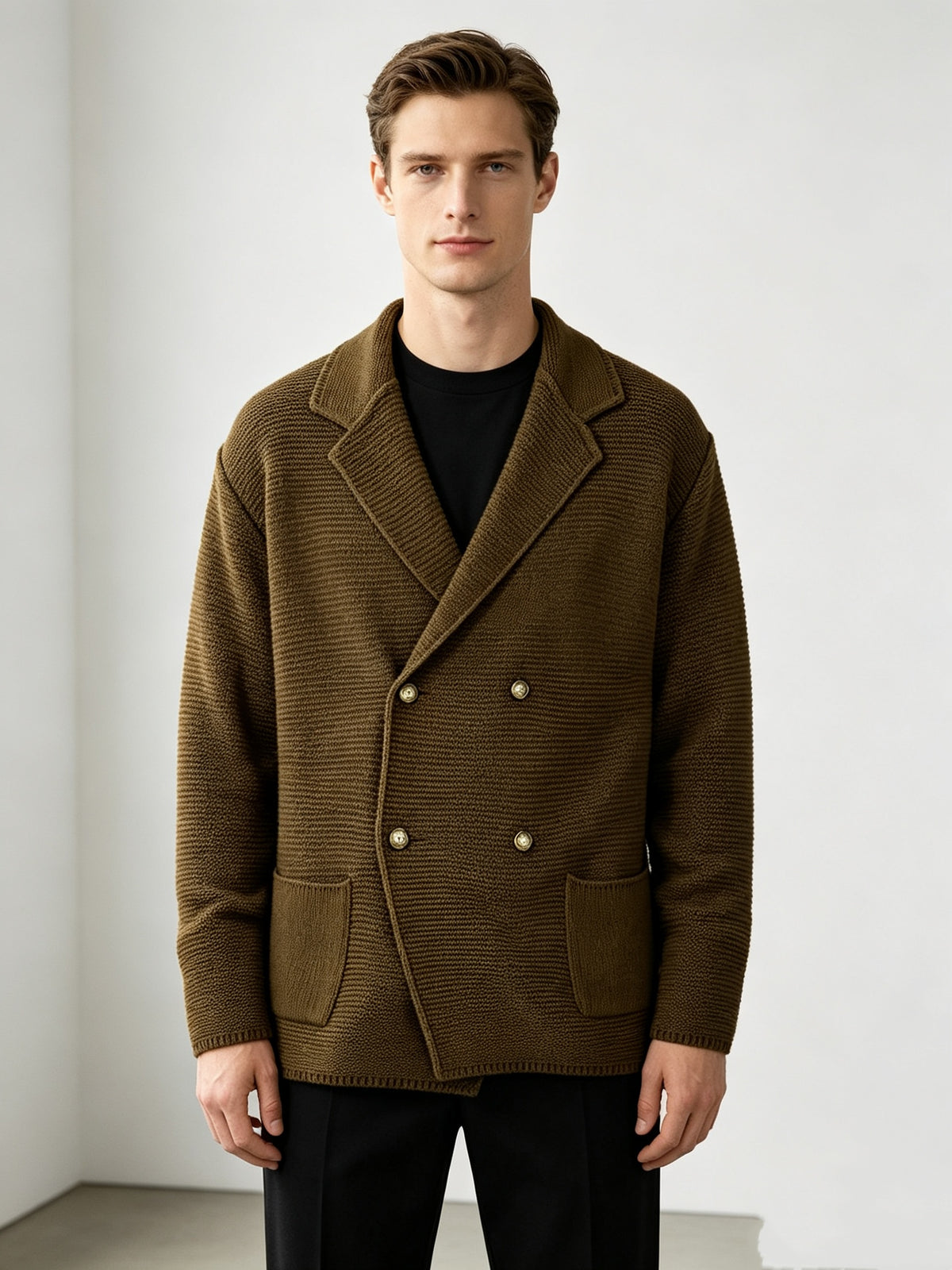 Men's New Autumn/Winter Double-Breasted Knit Jacket, Loose Fit Casual Suit-Style Top with Lapel. European/American Style Men's Notched Lapel Knit Cardigan with Double-Breasted Design, Versatile Outerwear for Spring/Autumn, Suitable for Both Commuting - Coffee Color