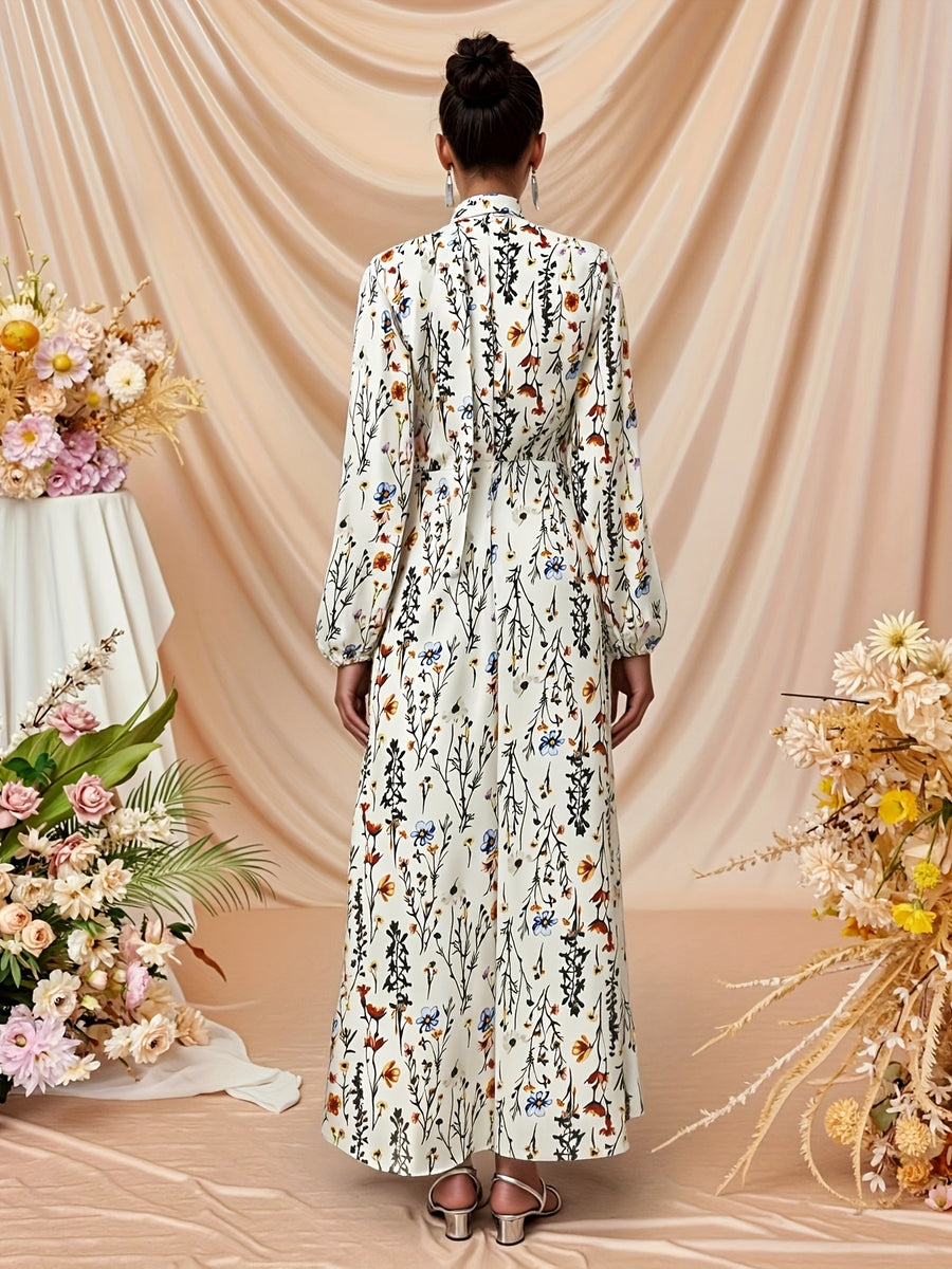 Women's Elegant V-Neck Ribbon Detail Floral Vacation Dress, Slim Fit Maxi Dress, Suitable for Vacations, Outings, Wedding Guests, Dinner Parties, and Holiday Wear - Apricot