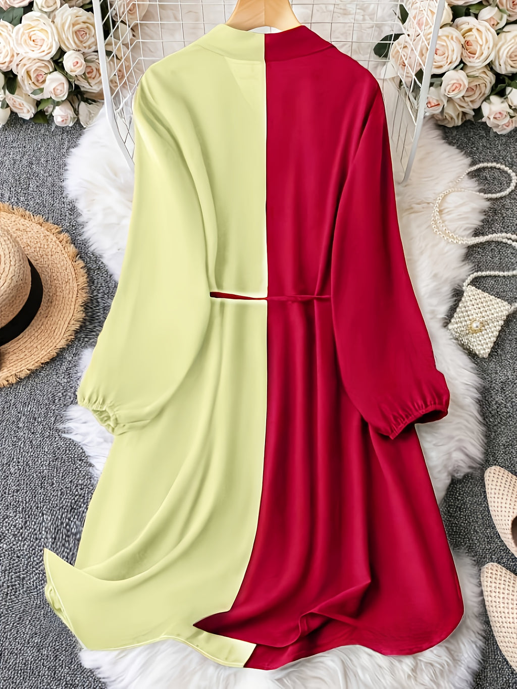 Plus-Size Women's Elegant Color-Block Collared Shirt Dress with Drawstring Waist - Slim-Fit Long Sleeve Machine Washable Solid Color Dress for Spring Summer Fall, Everyday Elegance, Flowy Fabric - 【Light Yellow】