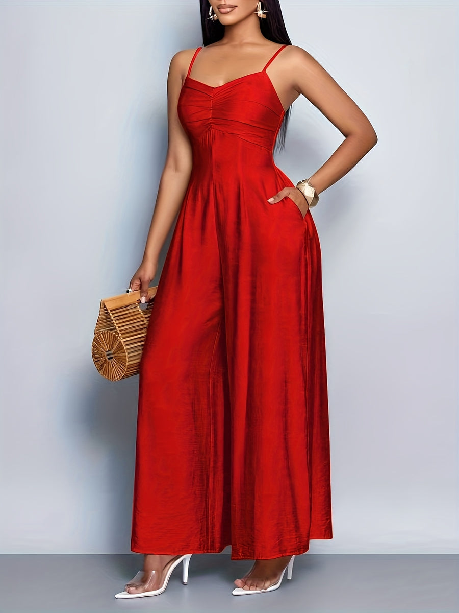 Women'S Draped Front Lace Up Backless Wide Leg Cami Jumpsuit | Elegant Solid Color, Sleeveless, Long Length, Suitable for Everyday Wear & Vacation - 【Red】