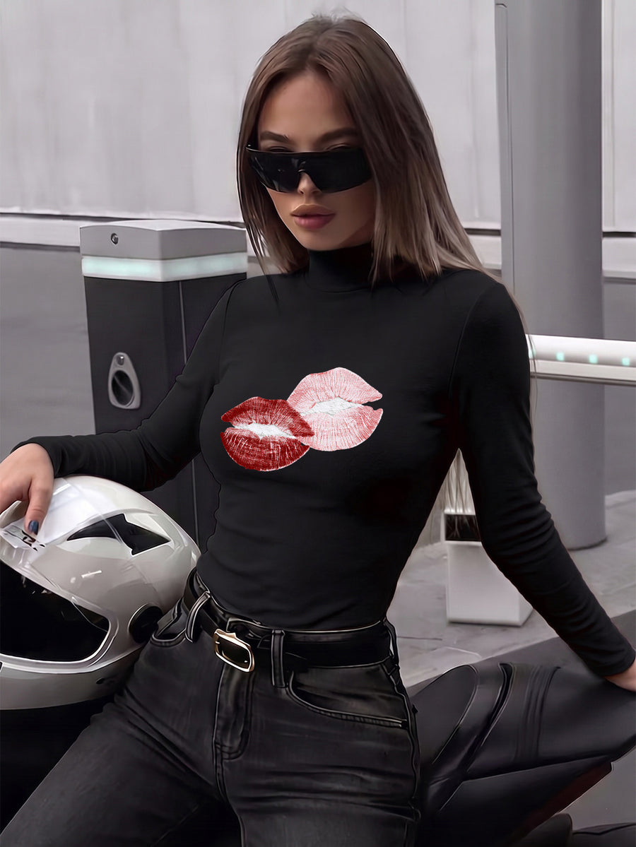Women'S Autumn Winter New Style Semi-High Neck Fitted Top, Can Be Worn Inside Or Outside, Elastic Fabric, Soft And Skin-Friendly Warm, Easy Waist-Cinching Cut, Casual All-Match "Red Lip Print Pattern" - Black