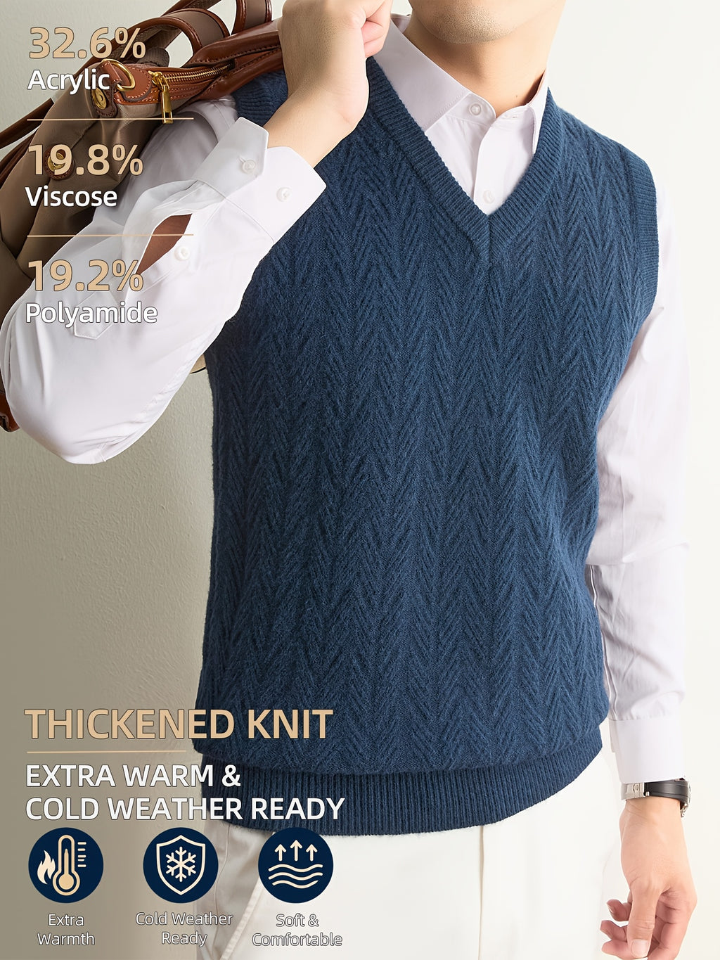 Men's Autumn & Winter Knitted Sweater Vest, Classic V-Neck with Raised Herringbone Texture, Thick & Warm, Timeless Refined Style for Work, Casual Wear, Outdoor Activities & Camping, Ideal Gift for Dad or Husband - Ha Qing