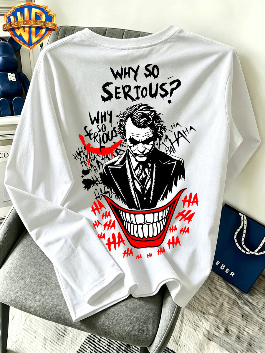 Warner Bros. Official - Men'S Pure Long Sleeve Shirt, Classic American Dark Clown Lines "Why So Serious" Print, Spring And Autumn Casual Streetwear Top, Daily Leisure Vacation Gift - White