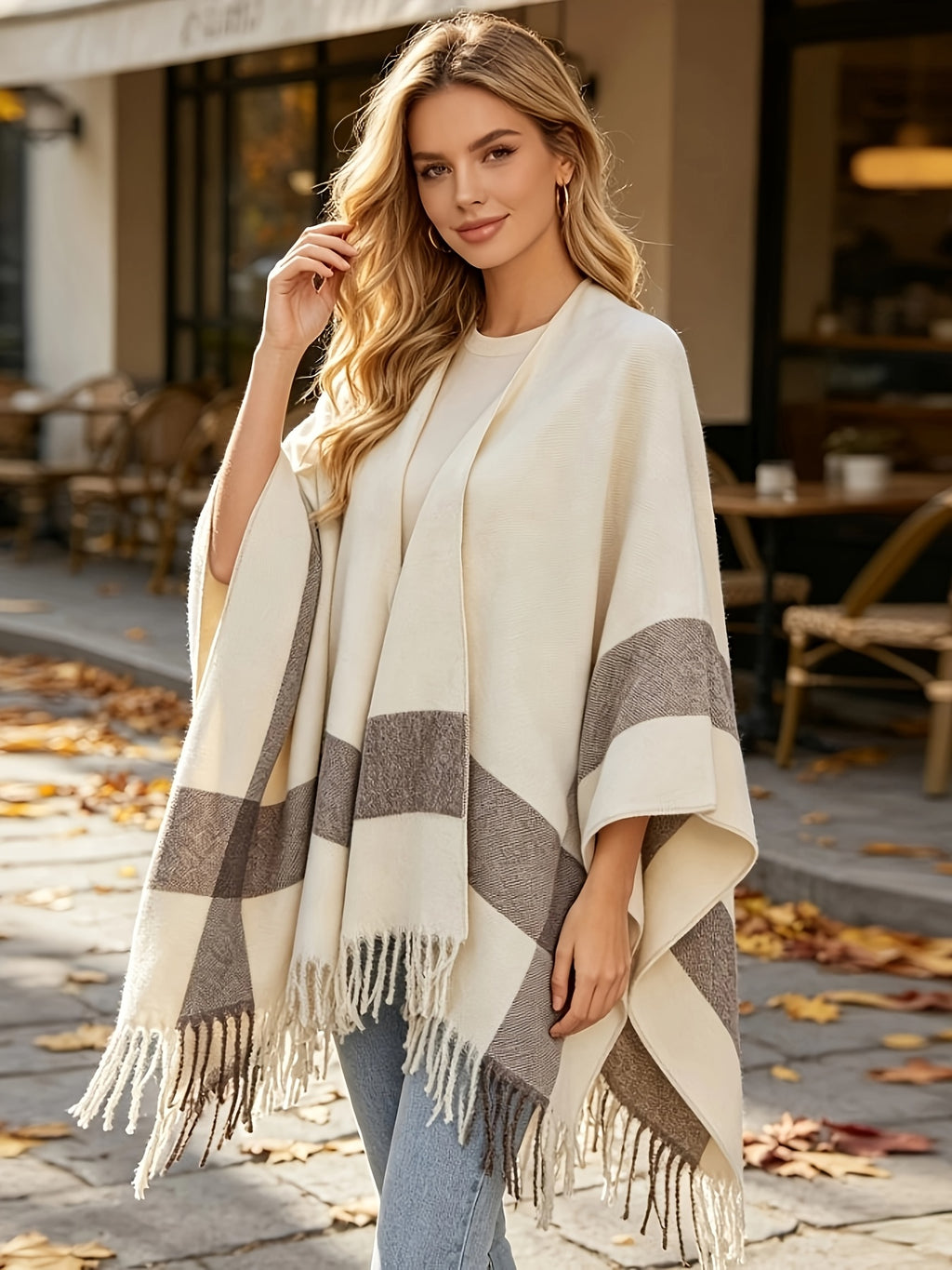 Women'S Striped Printed Cardigan Shawl, Bohemian Style Front-Open Jacket Casual Elegant Cape Sweater Suitable for Autumn Winter Evening Parties - Off-white