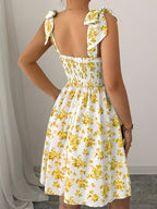 Elegant Temperament Shoulder Strap Back Smocked Dress for Women 7091 - Multicolor