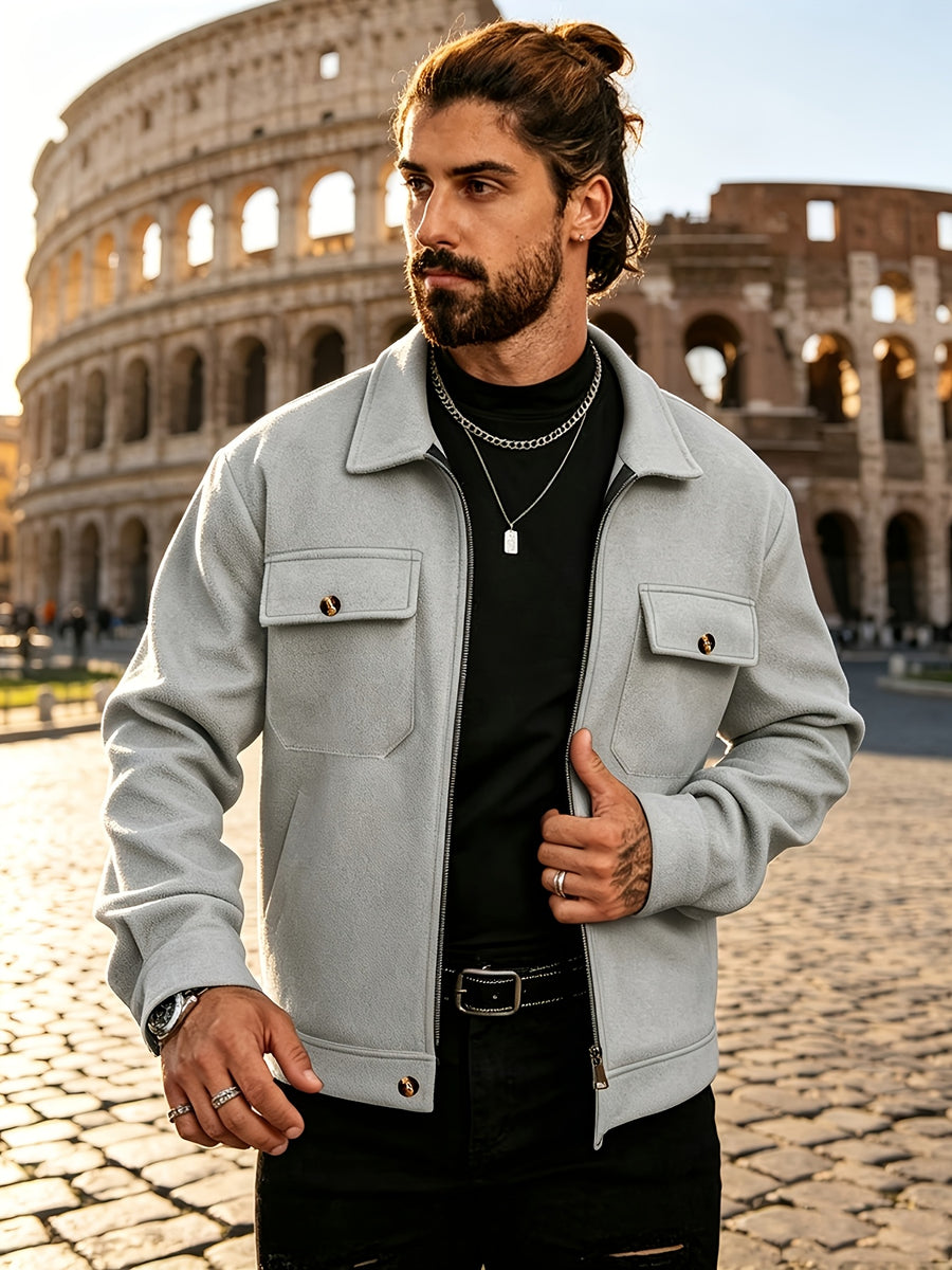 Men's Lapel Workwear Blend Jacket with Metal Zipper Pocket Accents, Casual Vintage Cropped Top - Grey