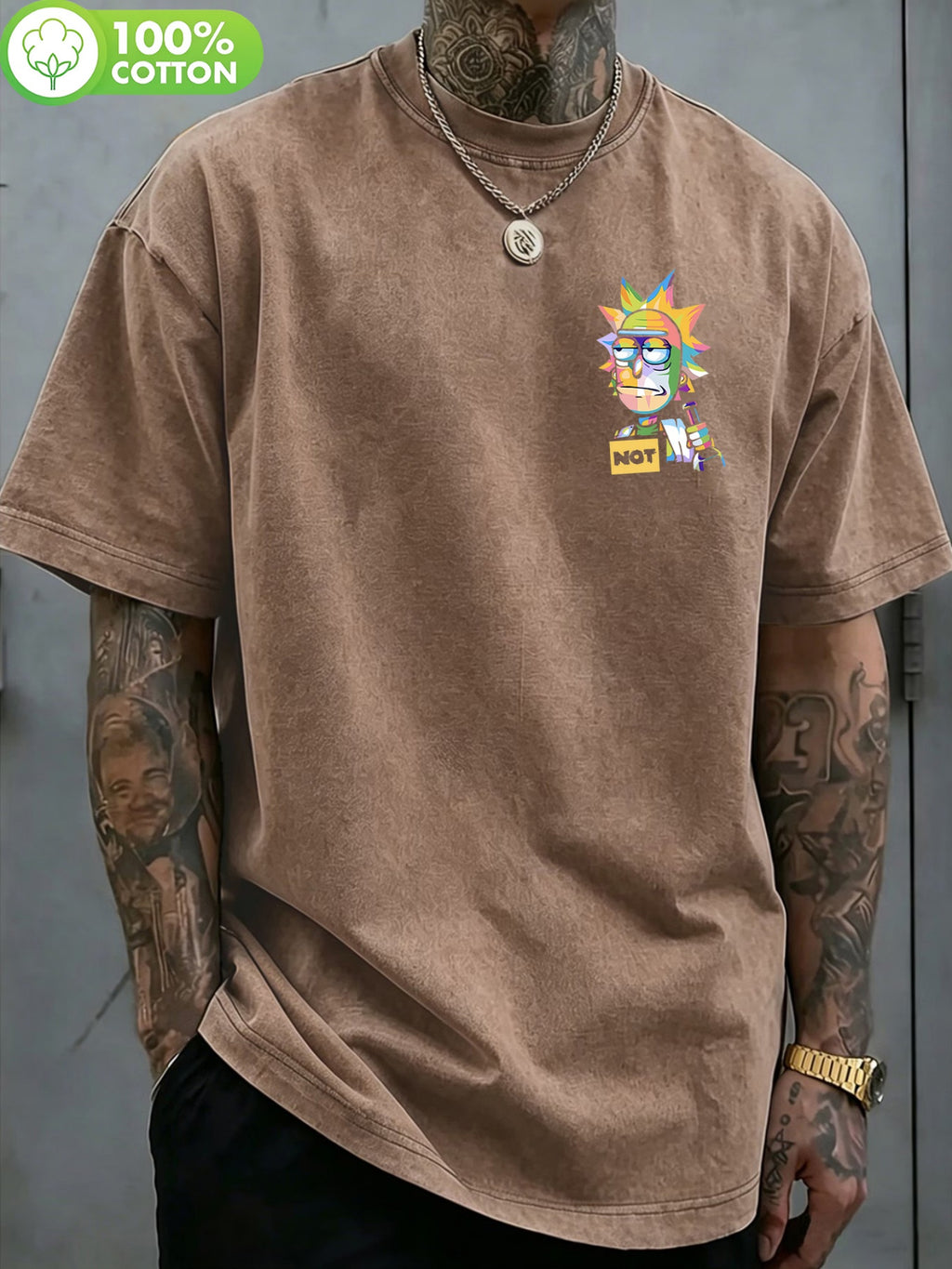 WB Warner Authorized, Men'S Vintage Distressed 100% Washed Round Neck T-Shirt, Multi-Colored Patchwork Rick with Fun Quotes Trendy Print Design, Loose Fit, Men'S Casual Versatile Loose T-Shirt, Suitable for Daily Wear And Outdoor Activities - Coffee Brown