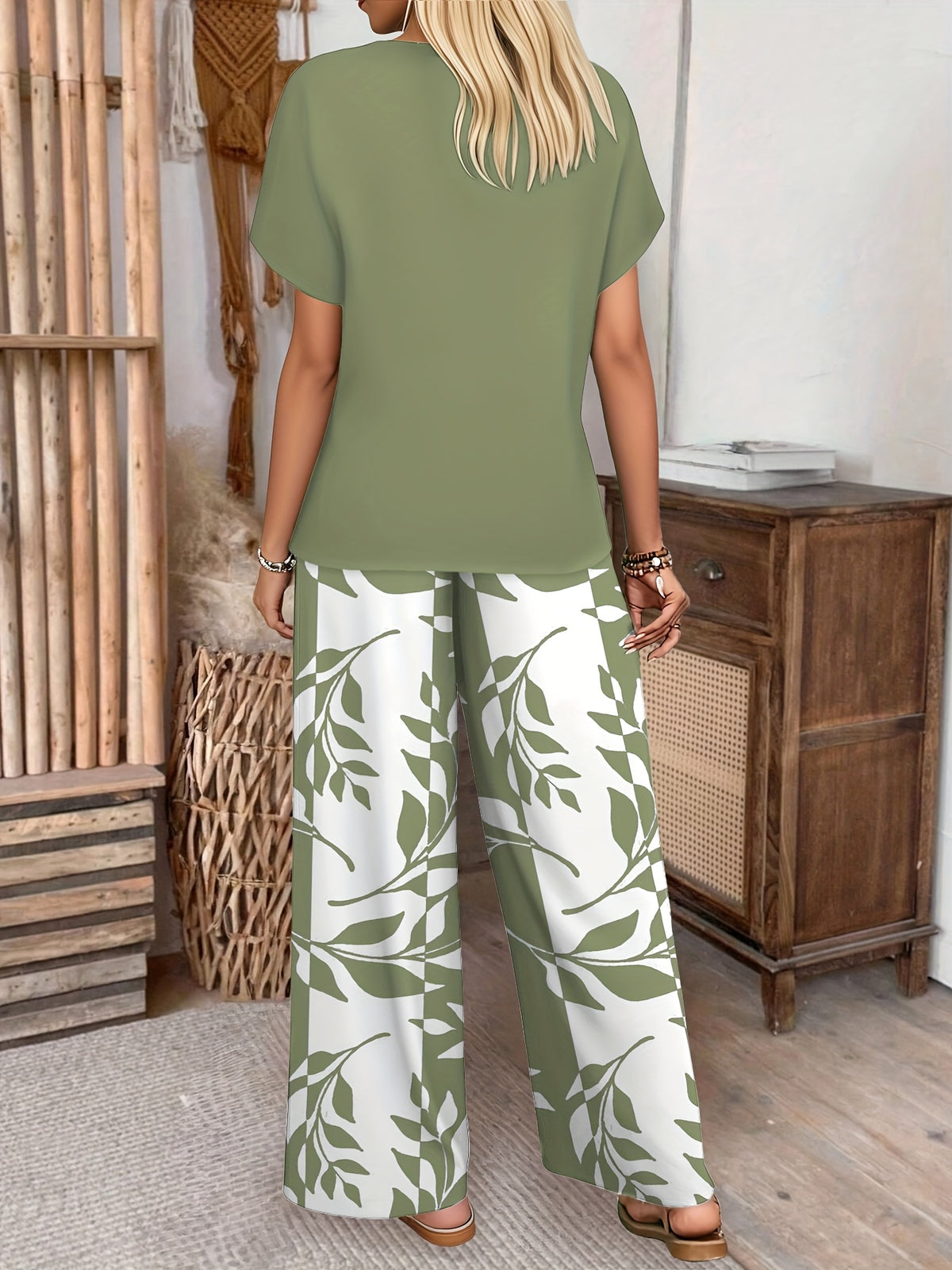 Women's Fashionable and Elegant 2pcs Set: Bat Sleeve Round Neck T-Shirt + Printed Stretch Waist Wide-Leg Pants, Essential for Daily Wear, Vacations, and Dates - Yellow-green