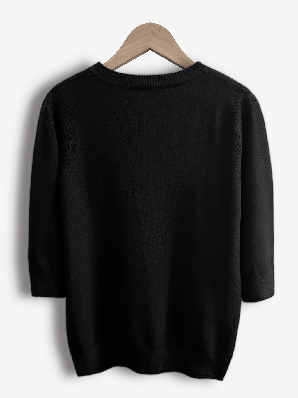 Women's Fine-Spun Round Neck Mid-Sleeve Top, New Spring/Autumn Vintage Elegant Top, Five-Part Sleeve Base Layer Shirt - Black