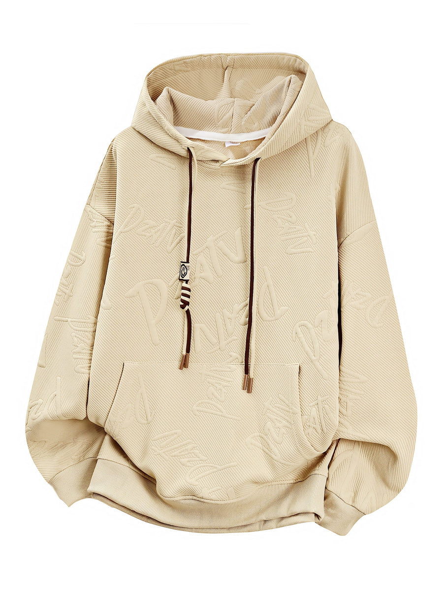 Men'S Jacquard 3D Letter Hooded Sweatshirt Solid Texture Oversized Drop Shoulder Pullover Casual Street Style Drawstring Kangaroo Pocket Daily Top - Apricot