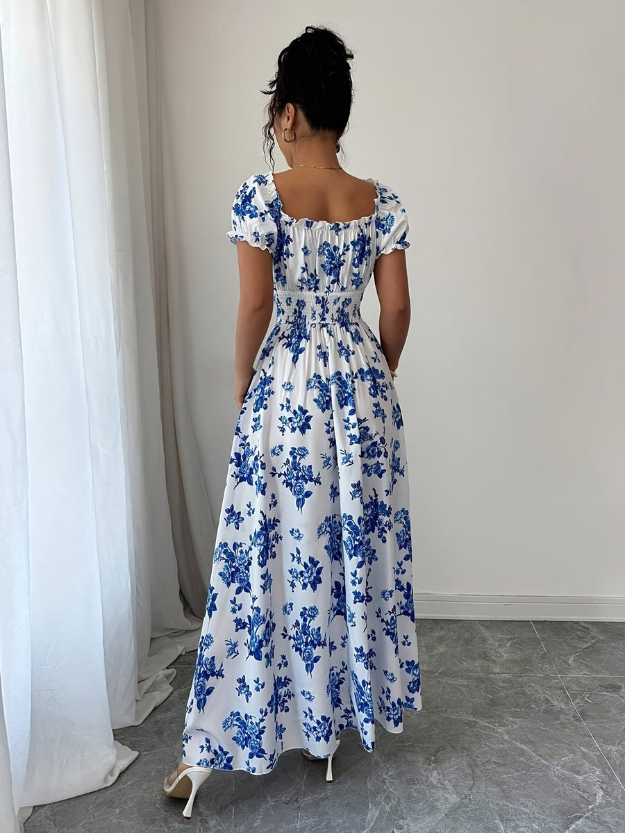 V-neck Ruffle Design, Floral Print Fabric, Elastic Waist Slim-Fit Short Sleeve Women's Dress, Elegant Party Wear, Date Night - Mixed colors