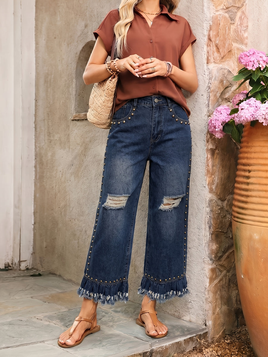 Vintage Distressed Rivet Raw Hem Ripped High-Waist Elastic Waistband Loose Wide-Leg Cropped Flare Jeans for Women - Deep Blue