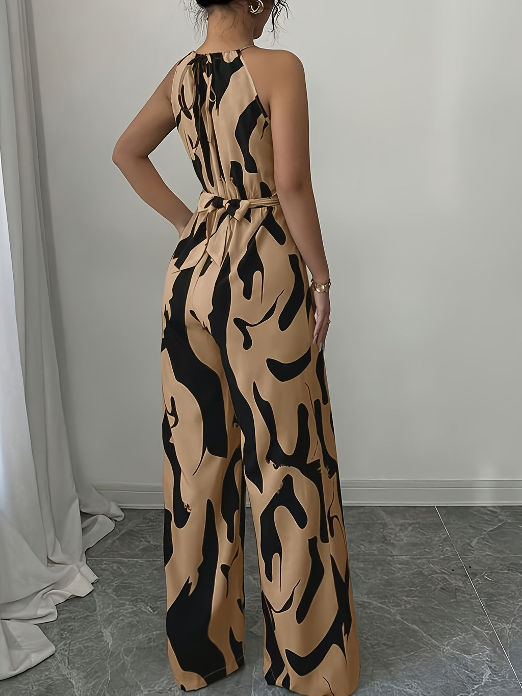 Women'S Printed Fabric Ruched Jumpsuit with Halter Neck, Elegant for Holiday And Everyday Wear - Dark Brown