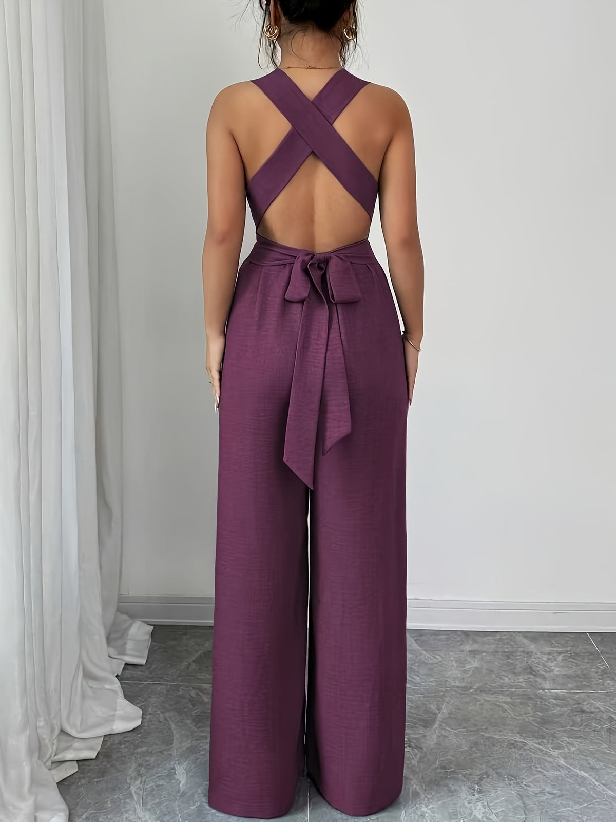 V-neck Women's Jumpsuit with Crisscross Waist Ties, Slit Back, and Wide-leg Straight-cut Pants - Fuchsia