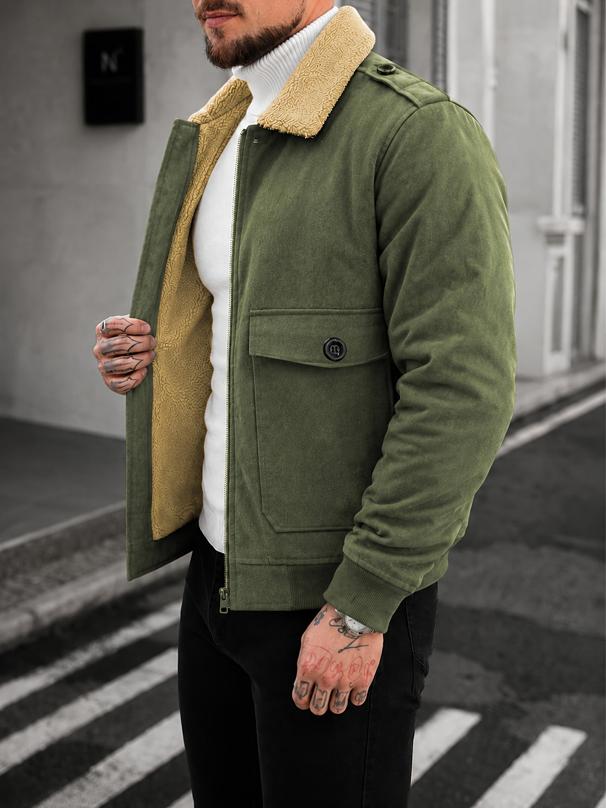 Men's Lapel -Lined Workwear Jacket with Shoulder Epaulettes, Double Pockets, Thickened Padded Coat for Winter, Vintage Motorcycle Style Stretch Cuff Cold-Proof Outerwear - 6026 - fern green