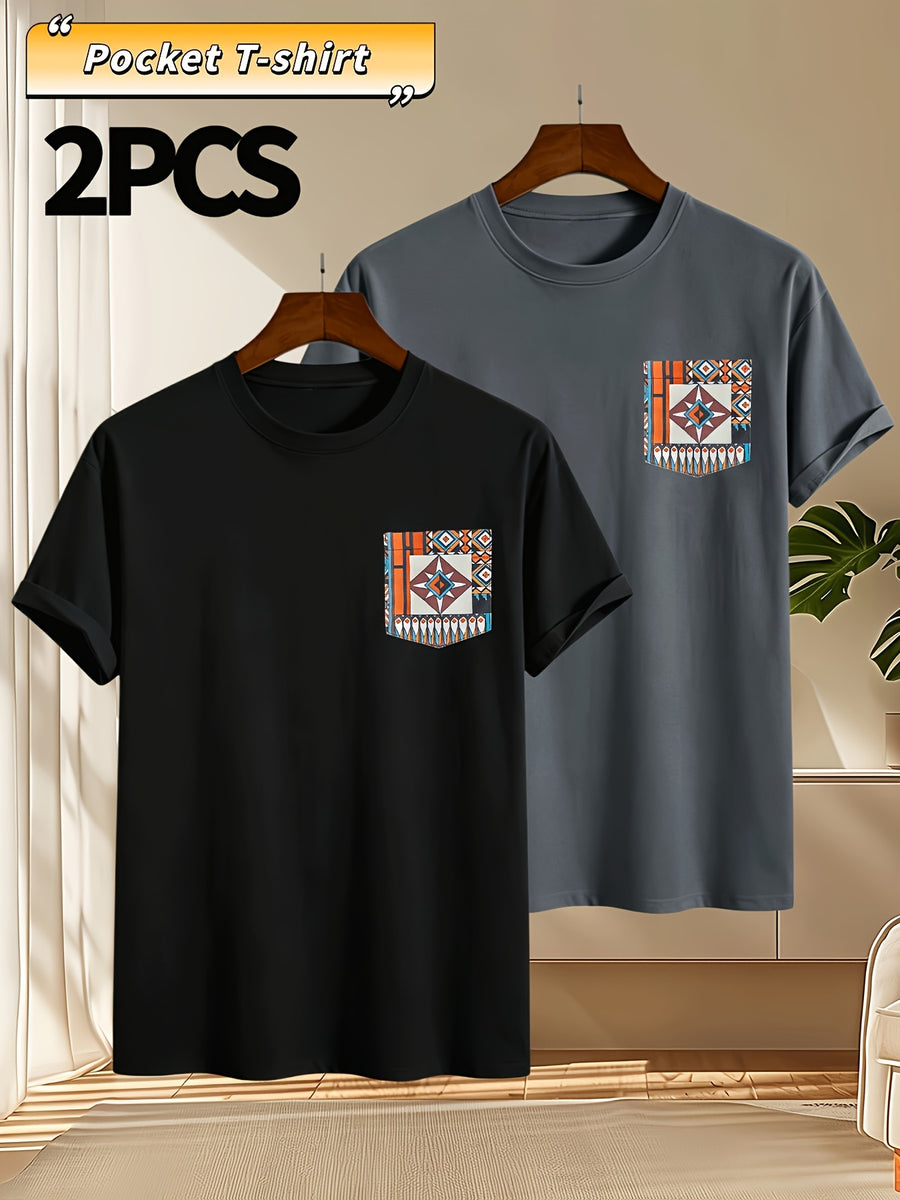 2pcs Men's Round Neck Pocket Short-Sleeve T-Shirt, Suitable for Summer Outdoor Casual Wear, Versatile Casual Knit Top, Men's Casual Pocket Design Sport T-Shirt - Black+dark Gray