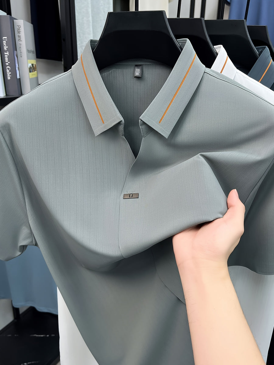 Men'S Seamless Short-Sleeved Polo, Summer Color-Block Ruffled Collar, Breathable Iron-Free Business Solid Color Casual Shirt - Light Blue Gray