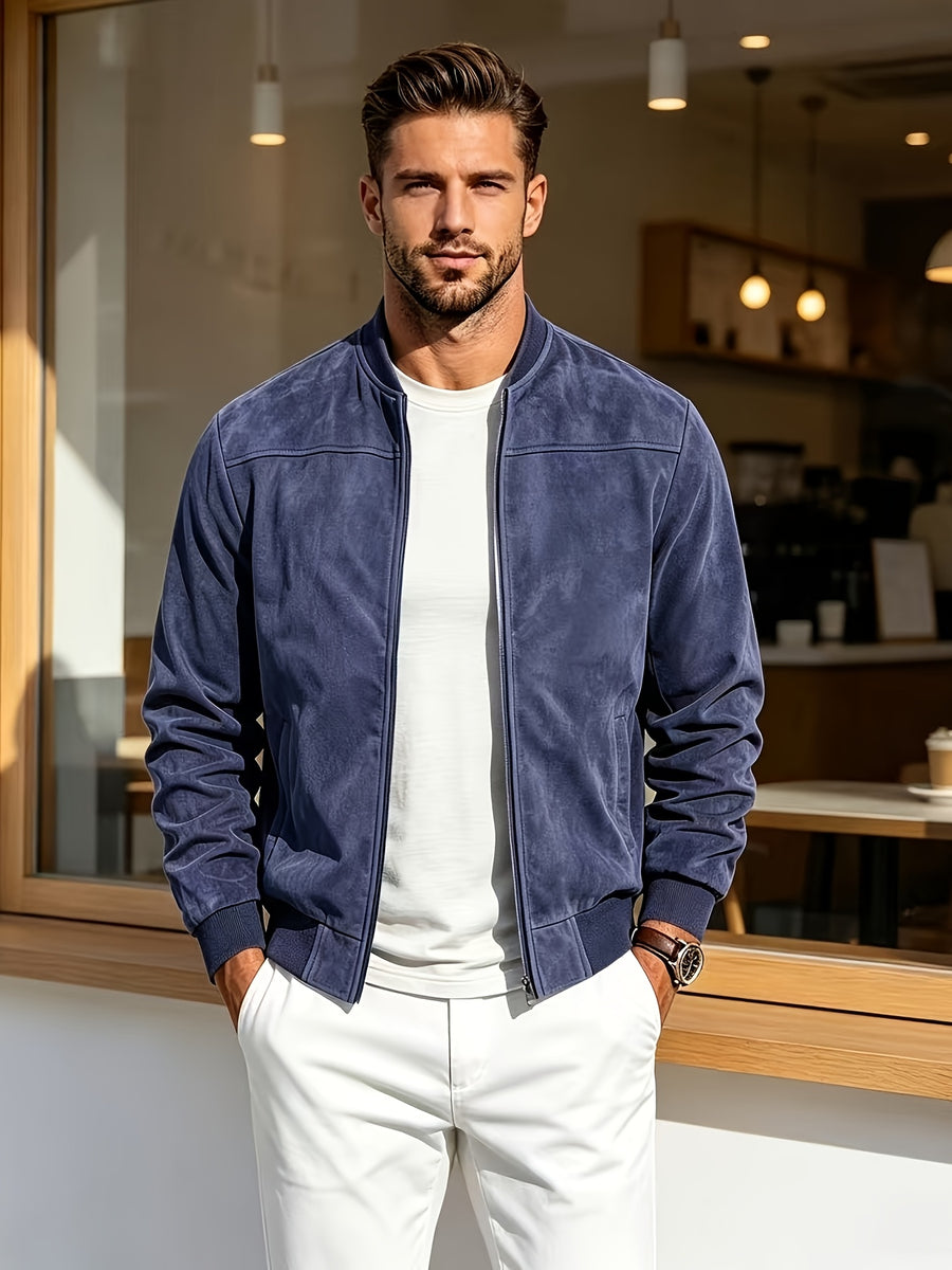 2026 New Men's Baseball Collar Jacket, Autumn Casual Zip-Up Outerwear, Loose Versatile Pilot Top - Navy Color