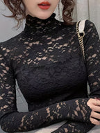 Lace Mock Neck Slim Top, Sexy Long Sleeve Top For Spring & Fall, Women's Clothing - Black