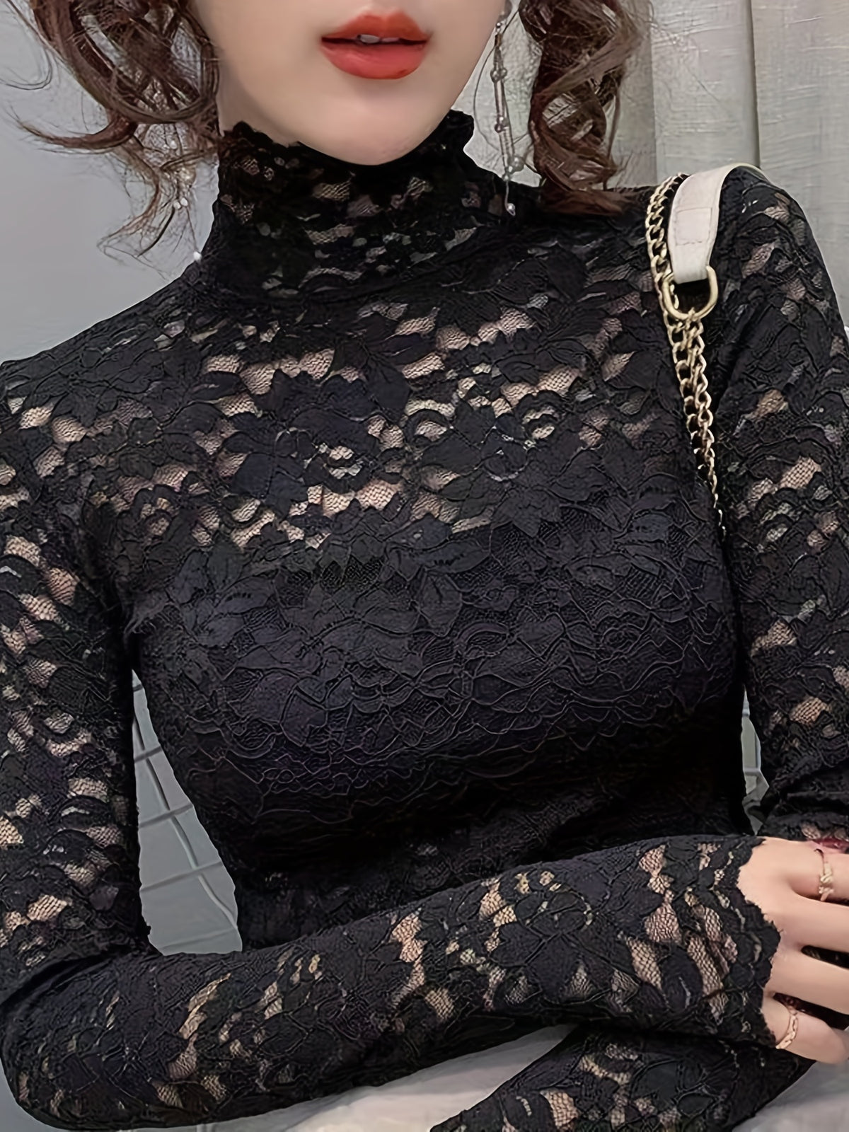 Lace Mock Neck Slim Top, Sexy Long Sleeve Top For Spring & Fall, Women's Clothing - Black