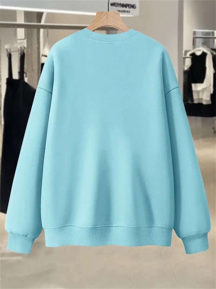 Plus Size, Extended Apparel: Women's Spring/Autumn/Winter Cross-Border European & American Plus-Size Simple Graphic Print Sweatshirt, Casual Crew Neck Sweatshirt, Women's Plus-Size Sweatshirt - Sky Blue