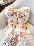Women's New Vintage Fashion Casual Elegant French-Style Romantic Twist Knot Design Bandeau Vacation Top - Pink White